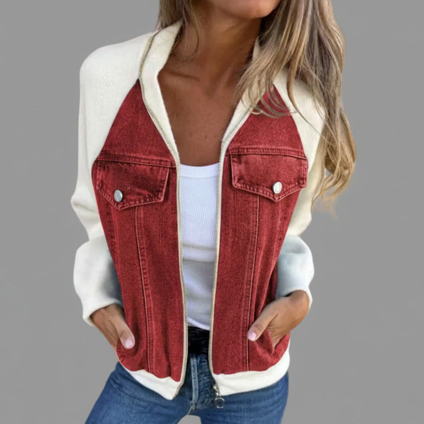 Veste en jean patchwork avec fermeture zippée