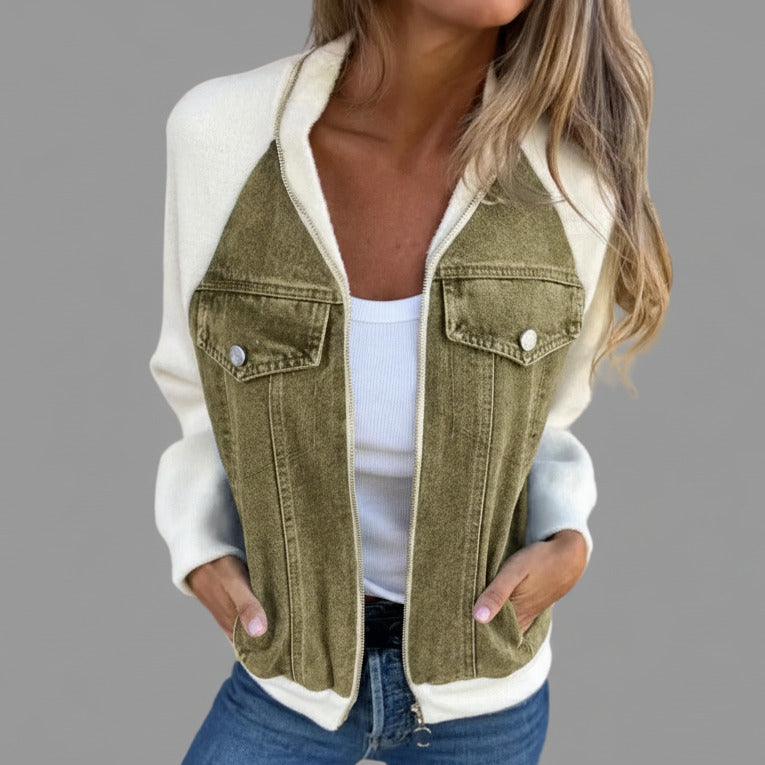 Veste en jean patchwork avec fermeture zippée