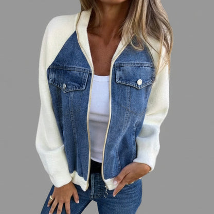 Veste en jean patchwork avec fermeture zippée