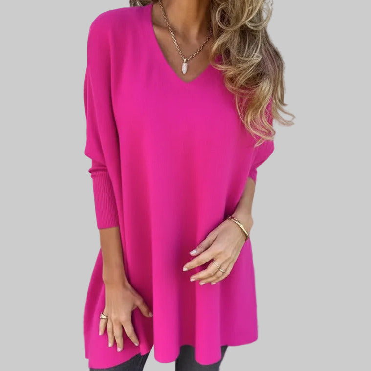 Chemise longue à manches longues tricotée col en V