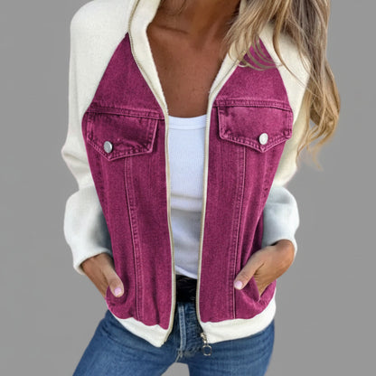 Veste en jean patchwork avec fermeture zippée