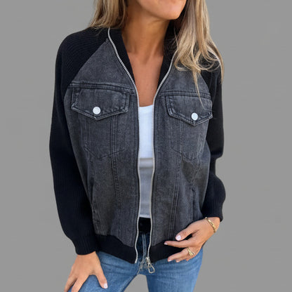 Veste en jean patchwork avec fermeture zippée